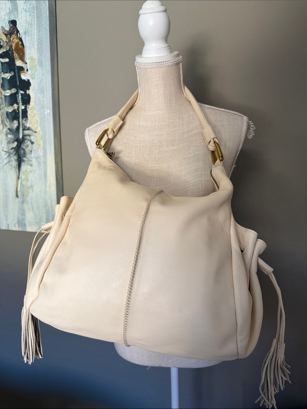 Hobo brand Cream Leather Bag with Tassel Detail